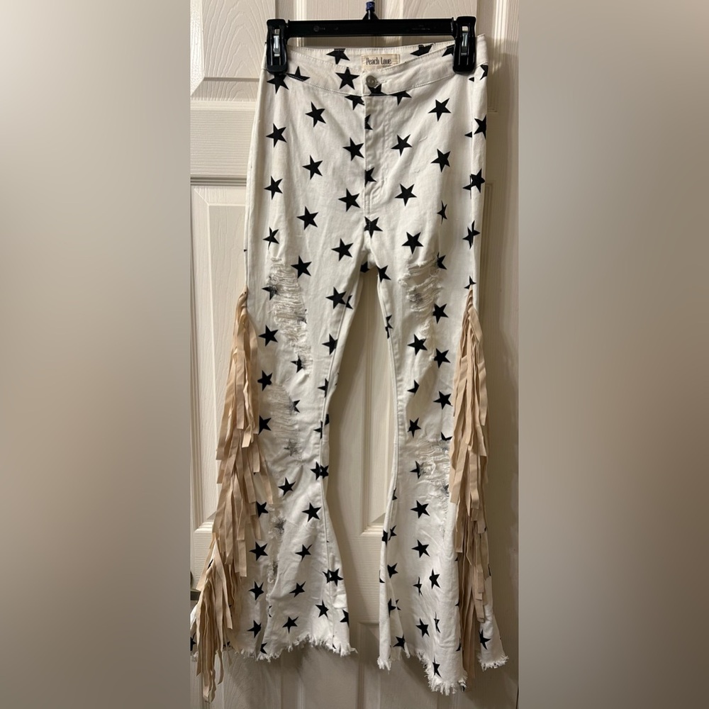 Peach Love California Black Star White fringe  Pants